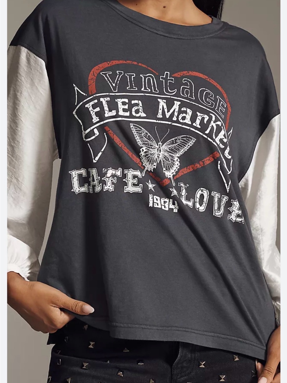 Pilcro Two-Tone Graphic Long Sleeve Top - Black, White & Red Accent
